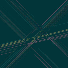 Abstract design with intersecting diagonal lines in various pastel colors on a dark teal background. Complex network of lines forming an intricate visual pattern.
