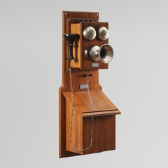 Vintage wooden wall-mounted rotary phone.