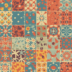 Colorful patchwork design with whimsical creatures and flowers in a vintage style.