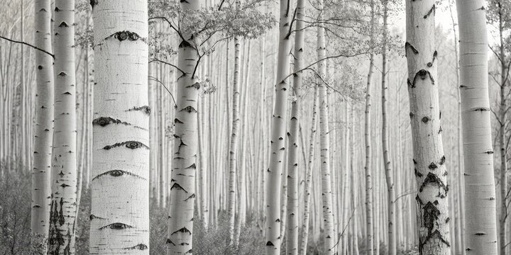 Black and white birch trees with eye-like markings in a dense forest