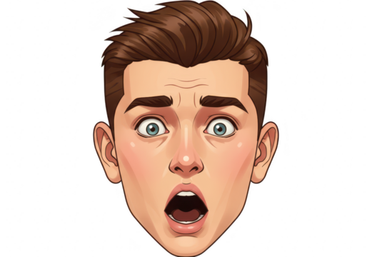 Shocked man face with open mouth and wide eyes, isolated on transparent background