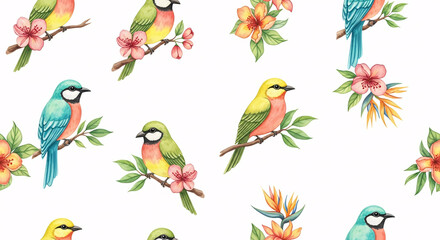 Fototapeta premium Seamless Tropical Birds and Flowers Pattern – Colorful Watercolor Exotic Birds with Blossoms and Leaves Illustration 