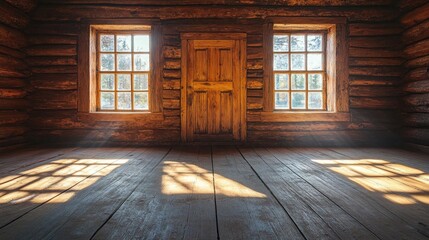 Rustic cabin interior with wooden walls, door, and windows letting in sunbeams. Perfect for backgrounds, illustrating warmth, shelter, or simpler lifestyles.