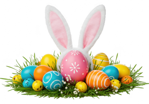Easter bunny with colorful decorated eggs in grass, isolated on transparent background