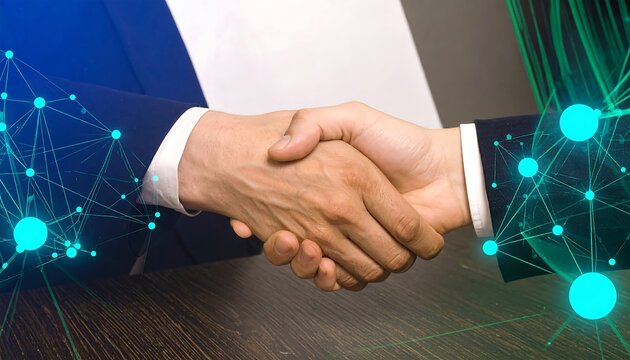 Two business people shaking hands, a digital network overlaying their clasped hands, suggesting a collaborative partnership.