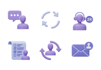Collection of customer service and communication icons in a circular arrangement, isolated on transparent background