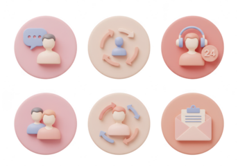 Collection of customer service and communication icons in a circular arrangement, isolated on transparent background