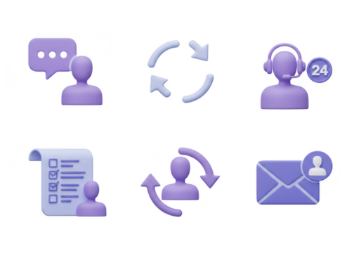 Collection of customer service and communication icons in a circular arrangement, isolated on transparent background