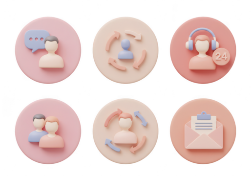 Collection of customer service and communication icons in a circular arrangement, isolated on transparent background