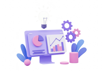 3d render of a computer displaying analytics charts and graphs with gears and a lightbulb, isolated on transparent background