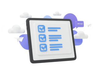 3d render of a tablet displaying a checklist with completed tasks and communication icons, isolated on transparent background