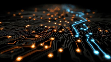 A detailed close-up view of a circuit board illuminated by bright orange and blue glowing components, showcasing intricate pathways and connections.