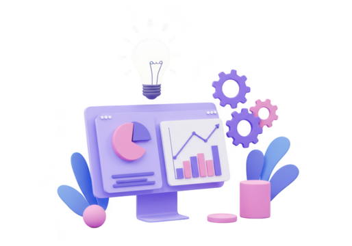 3d render of a computer displaying analytics charts and graphs with gears and a lightbulb, isolated on transparent background