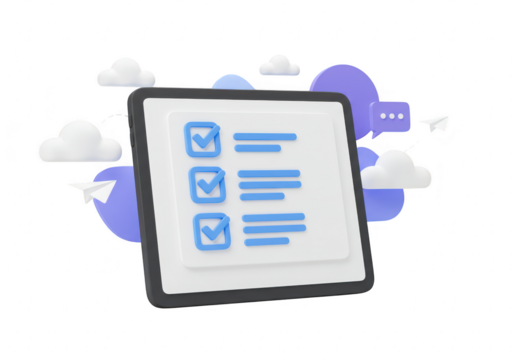 3d render of a tablet displaying a checklist with completed tasks and communication icons, isolated on transparent background