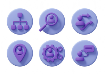 Group of 3d rendered icons depicting human resources, organizational structure, search, location, settings, and communication, isolated on transparent background