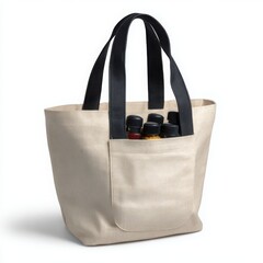Stylish canvas tote bag filled with small bottles and a front pocket on a white background