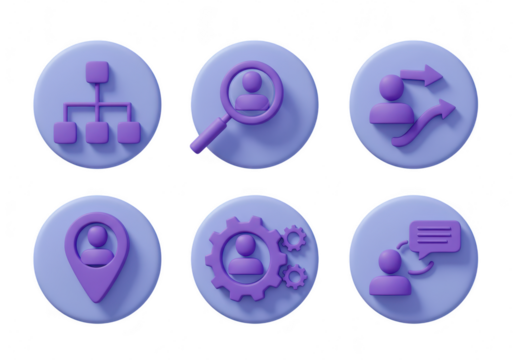 Group of 3d rendered icons depicting human resources, organizational structure, search, location, settings, and communication, isolated on transparent background