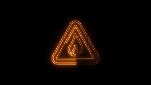 Neon orange glowing fire hazard warning triangle symbol animation on black background danger