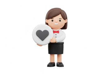 Cute 3d cartoon woman character holding a heart icon, isolated on transparent background