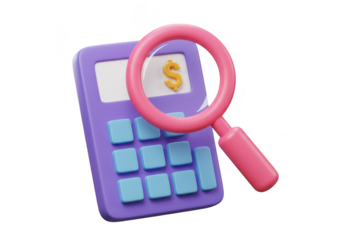 3d purple calculator with pink magnifying glass focusing on dollar sign, isolated on transparent background