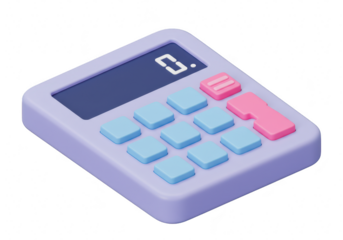 A cute 3d illustration of a purple calculator with blue and pink buttons, displaying the number 0, isolated on transparent background