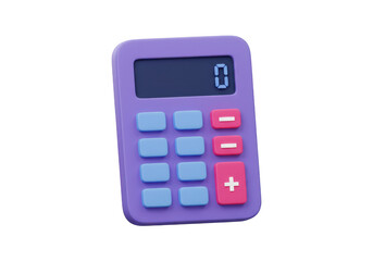 3d purple calculator with digital display showing zero and colorful buttons, isolated on transparent background