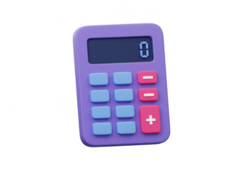 3d purple calculator with digital display showing zero and colorful buttons, isolated on transparent background