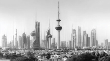 Obraz premium The image depicts a modern cityscape with the iconic Kuwait Towers, surrounded by skyscrapers and reflected in water, creating a serene and futuristic atmosphere.