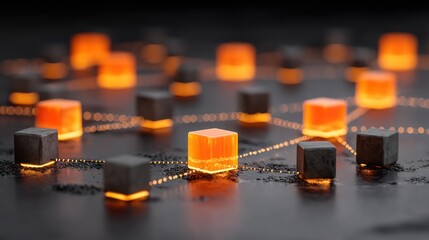 A network of glowing orange cubes connected by subtle lines on a dark surface.