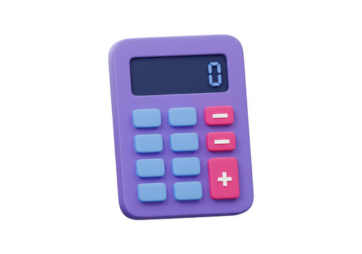3d purple calculator with digital display showing zero and colorful buttons, isolated on transparent background - Powered by Adobe