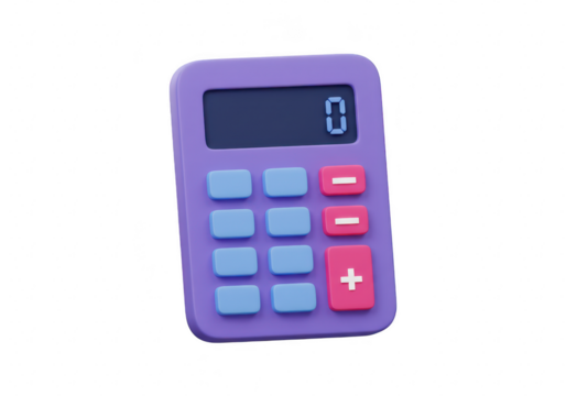 3d purple calculator with digital display showing zero and colorful buttons, isolated on transparent background - Powered by Adobe