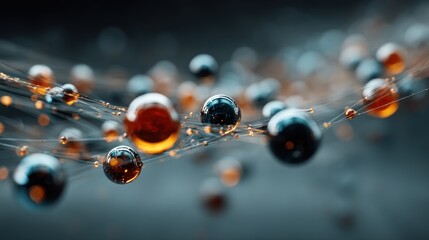 A captivating abstract image showcases interconnected spheres of varying metallic and amber hues, suspended within a delicate network of fine lines against a dark backdrop.