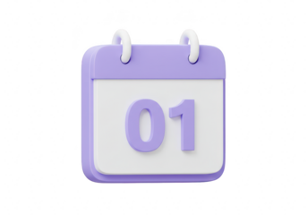 A cute 3d illustration of a purple calendar showing the first day of the month, isolated on transparent background