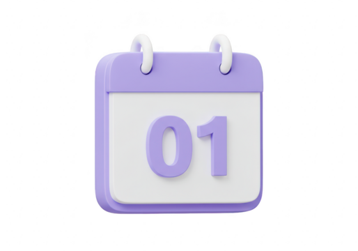 A cute 3d illustration of a purple calendar showing the first day of the month, isolated on transparent background
