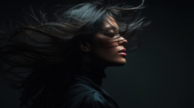 Captivating portrait of woman with flowing hair, set against dark background. movement of her hair creates sense of dynamism and elegance, highlighting her profile and features