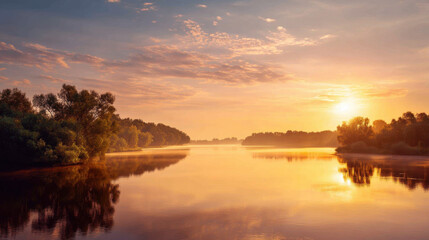 Obraz premium Serene landscape featuring tranquil river at sunrise, surrounded by lush trees reflecting golden hues on water surface. scene evokes sense of peace and natural beauty
