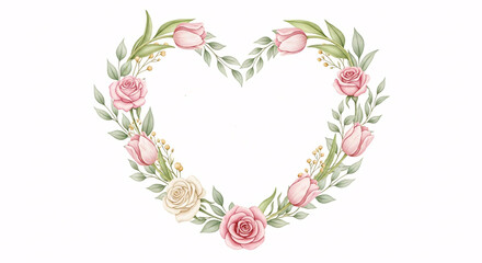 Watercolor Floral Heart Wreath with Roses, Tulips and Green Leaves &ndash; Romantic Botanical Frame Illustration
