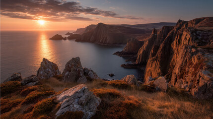 Fototapeta premium Breathtaking coastal landscape featuring rugged cliffs, golden sunlight reflecting on calm waters, and serene atmosphere at sunset. scene evokes tranquility and natural beauty