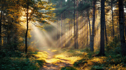Naklejka premium Serene forest scene with sunlight filtering through tall trees, creating magical atmosphere. path is lined with lush greenery and illuminated by warm rays, inviting exploration and tranquility