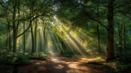 Obraz premium Serene forest scene with sunlight streaming through trees, creating magical atmosphere. path is surrounded by lush greenery, inviting exploration and tranquility