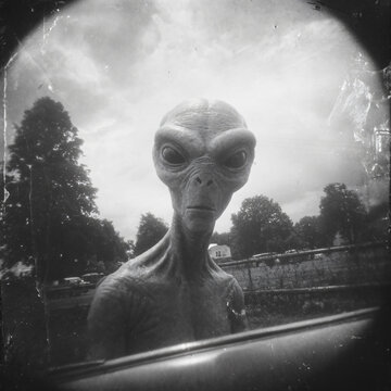 Alien Extraterrestrial UFO Portrait Black White Photograph Paranormal Encounter Mystery Unique Sci-Fi Sighting Imaginative Fantasy Beings Eerie Cosmos Future Shadows Surrealism Nervousness Exploration