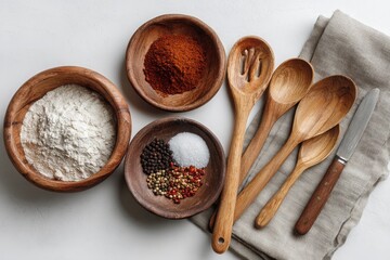 Rustic wooden bowls filled with spices and flour next to wooden spoons on cloth