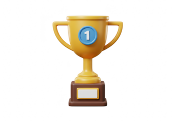 Golden 3d trophy with a blue number one badge and plaque, isolated on transparent background