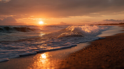 Obraz premium Serene sunset over ocean creates beautiful scene with gentle waves lapping at shore. warm colors of sky reflect on water, evoking sense of tranquility and peace