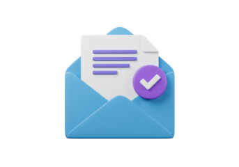Blue open envelope with a document and a purple check mark, isolated on transparent background