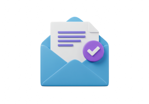 Blue open envelope with a document and a purple check mark, isolated on transparent background - Powered by Adobe