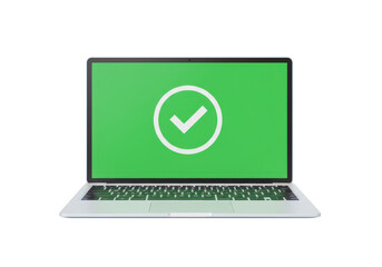Modern laptop computer with a green screen displaying a white check mark symbol, isolated on transparent background