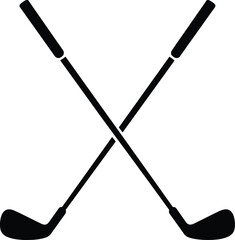 Crossed golf clubs silhouette, sports equipment symbol, black and white icon, golfing design, athletic logo