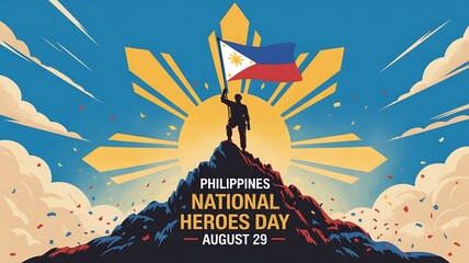 Silhouette of a person holding the philippine flag atop a mountain peak against a sunburst symbolizing national heroes day