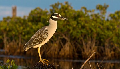 Yellow-crowned night-heron standing in marsh.